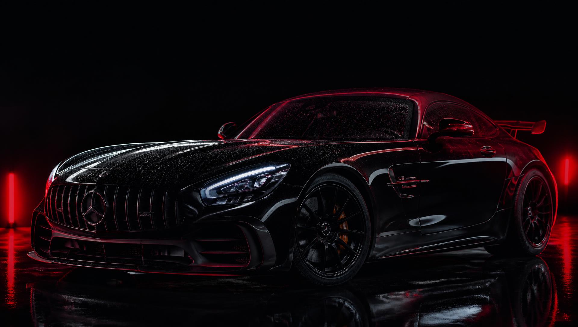 Freshly detailed black sports car under red studio lighting